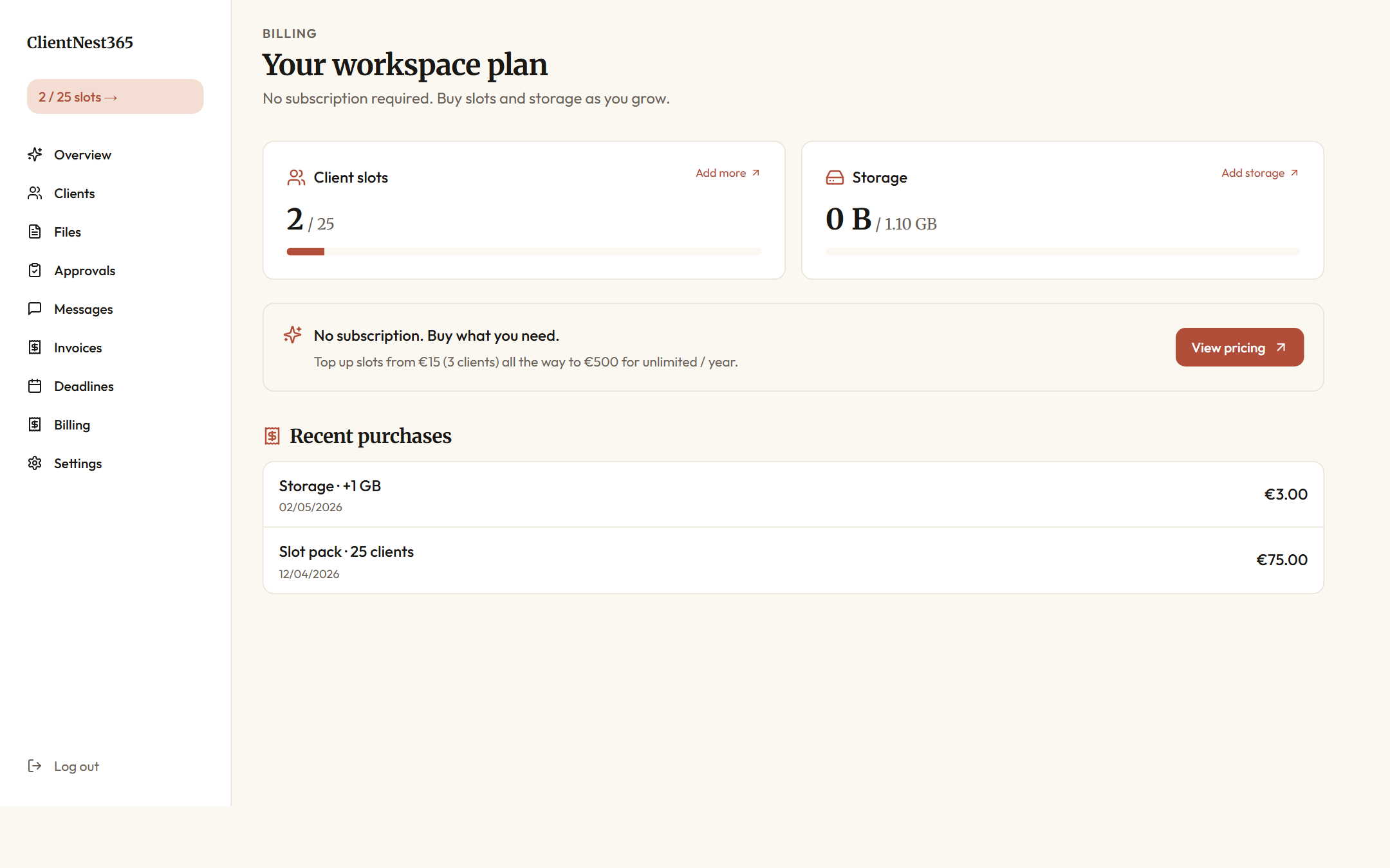 Workspace billing page with slot inventory, storage inventory, and a purchase ledger listing the year's purchases