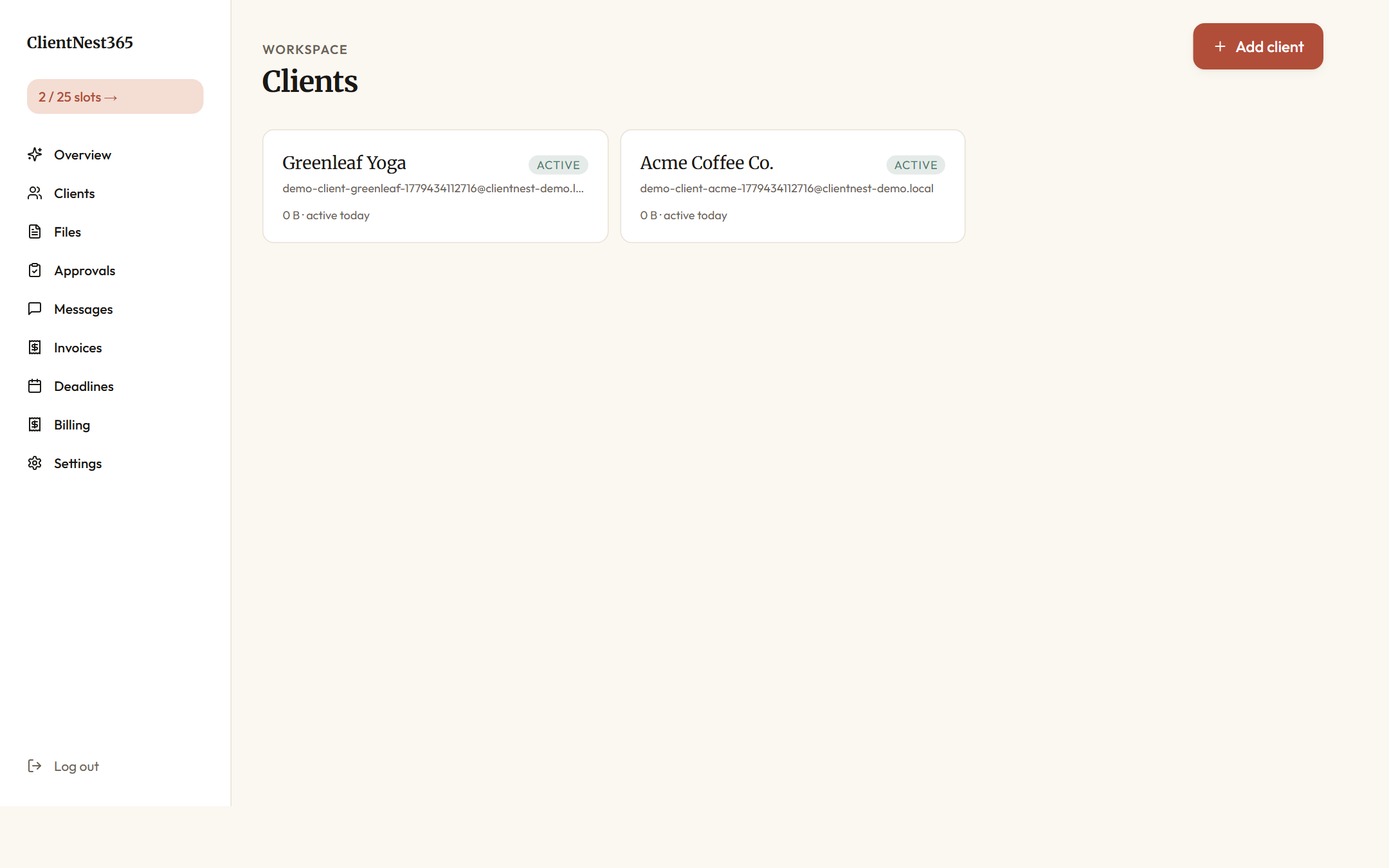 Workspace clients list with two active matters: Acme Coffee Co. and Greenleaf Yoga, each with primary email and slug