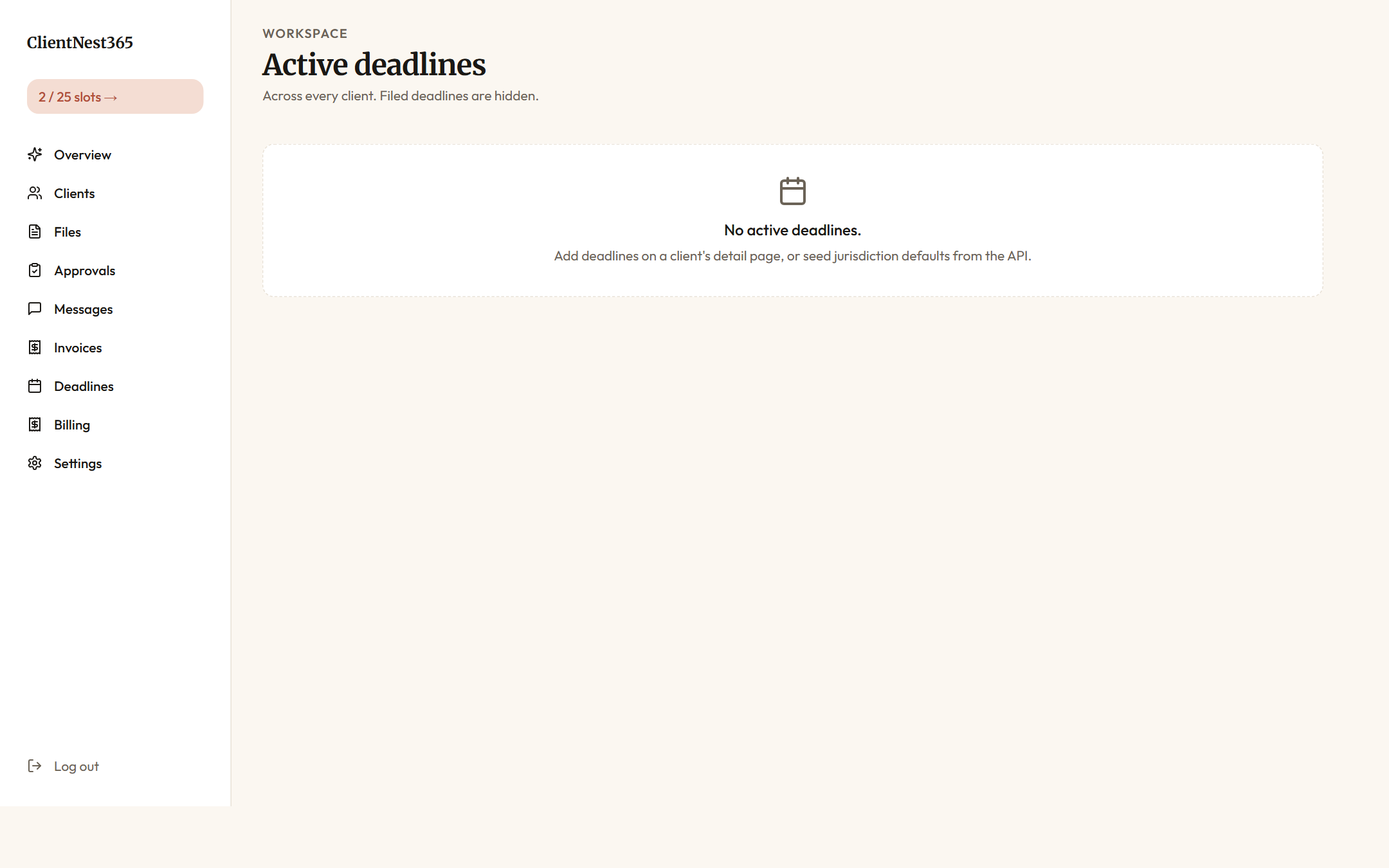 Workspace deadlines view with upcoming filing dates, sorted by due date, each linked to its matter