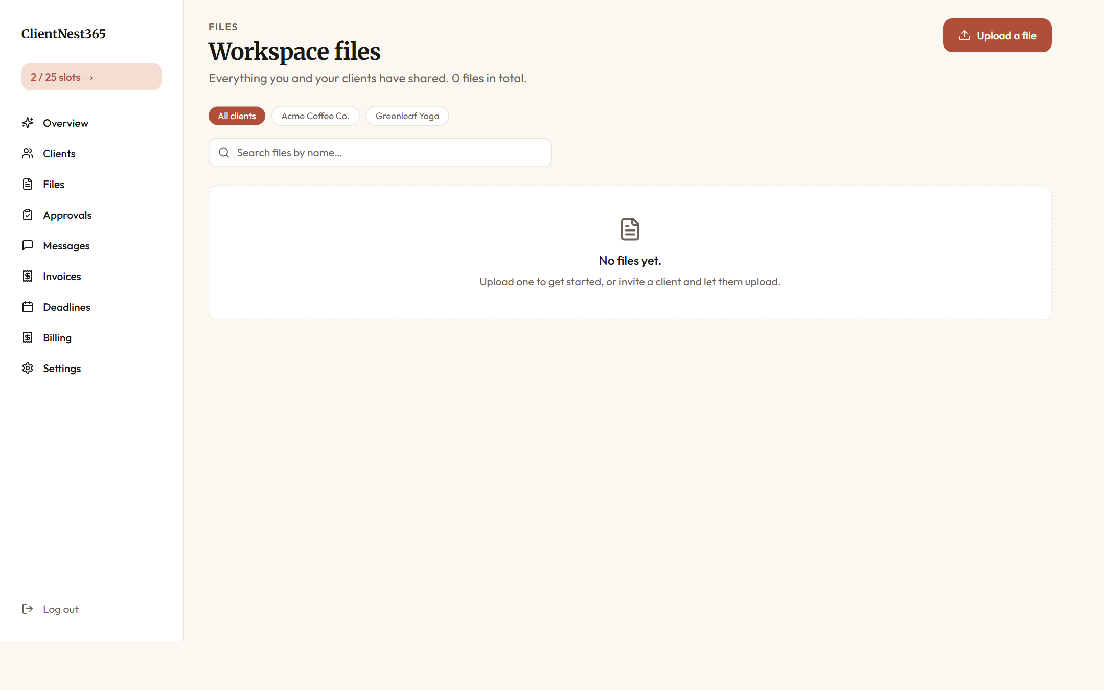 Workspace files view listing files uploaded for each matter, with size and upload timestamp