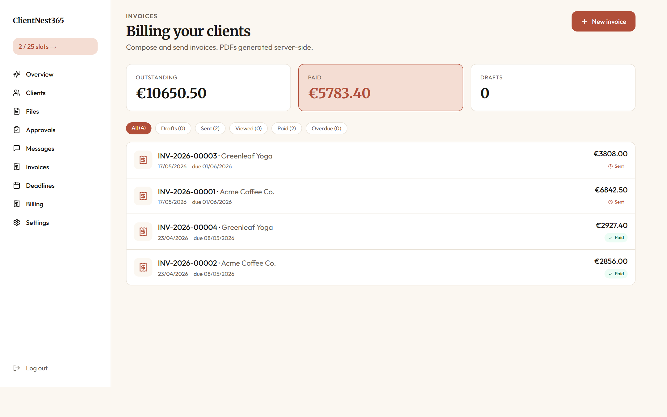 Workspace invoices view: Outstanding total, Paid total, Drafts count, with four invoice rows across two matters, each marked Sent or Paid