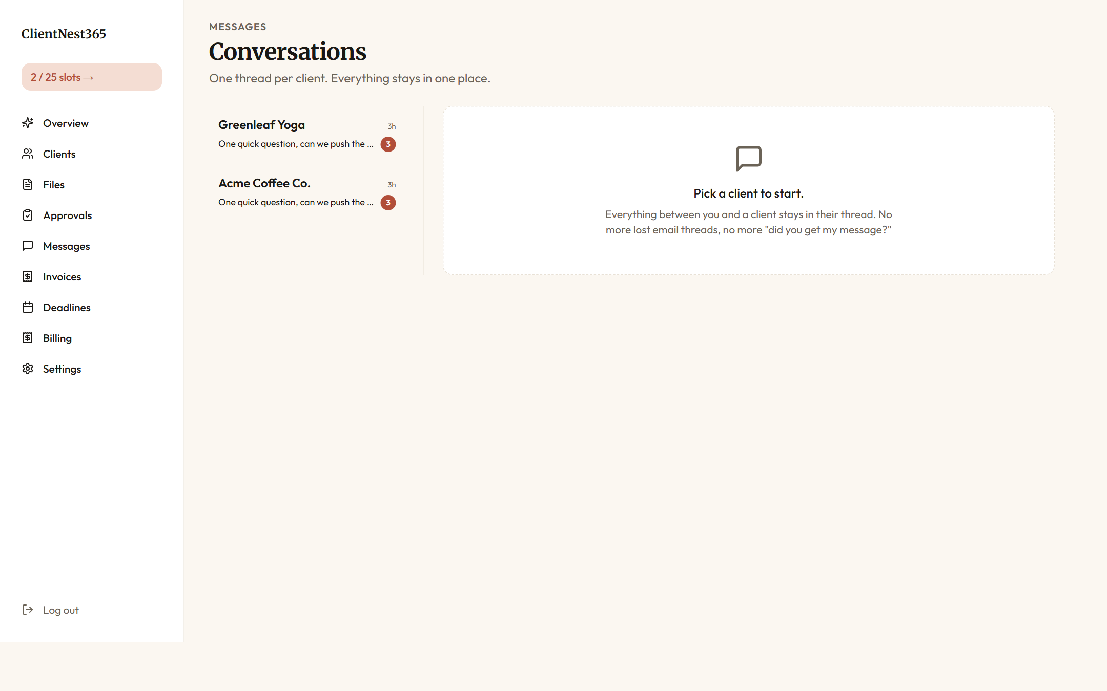 Workspace messages view with conversation threads per matter, the most recent exchange visible per row, with unread indicators