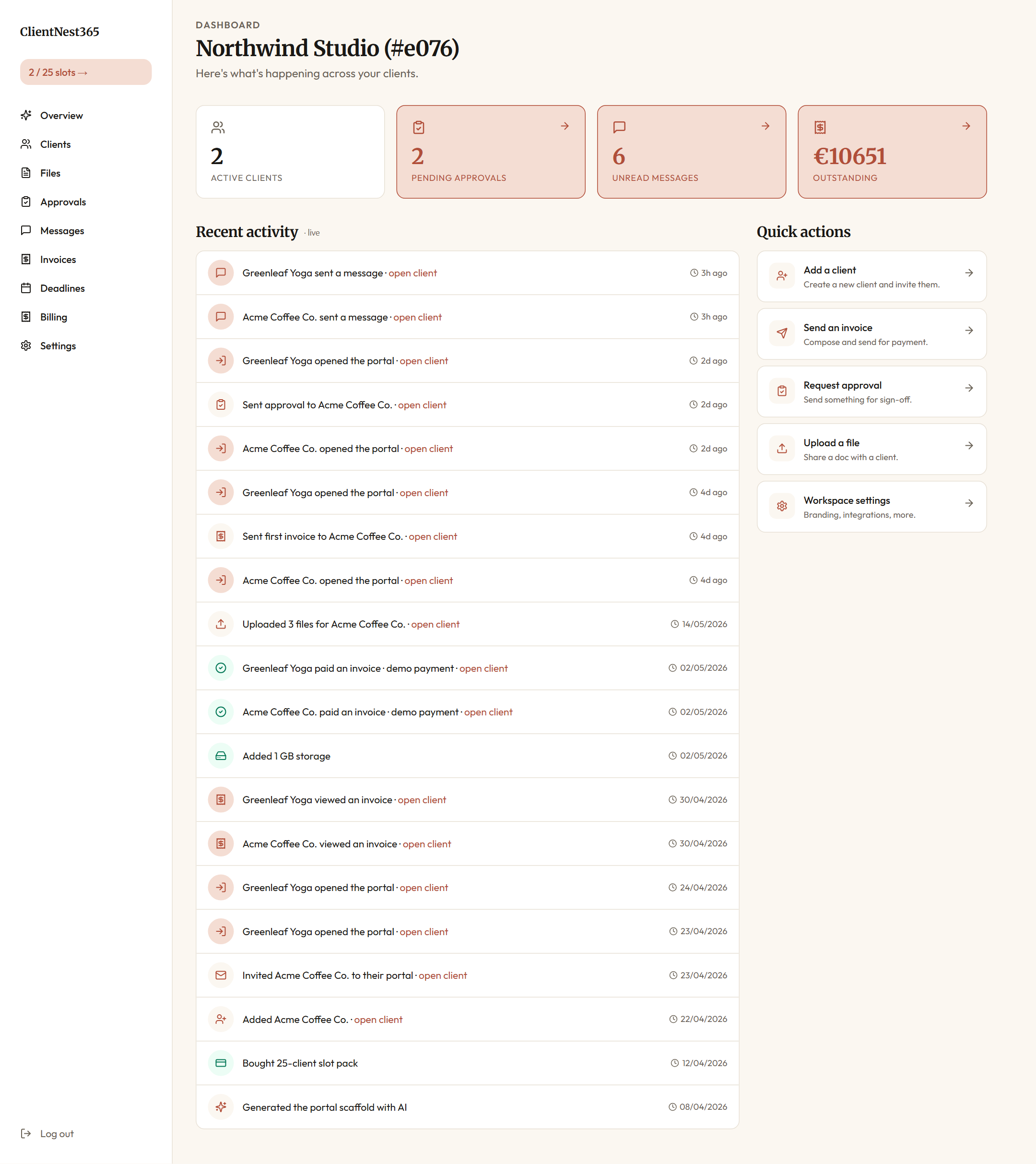 Marchetti workspace overview: active matters, pending approvals, unread messages, outstanding receivables, with a live activity feed of every recent client event