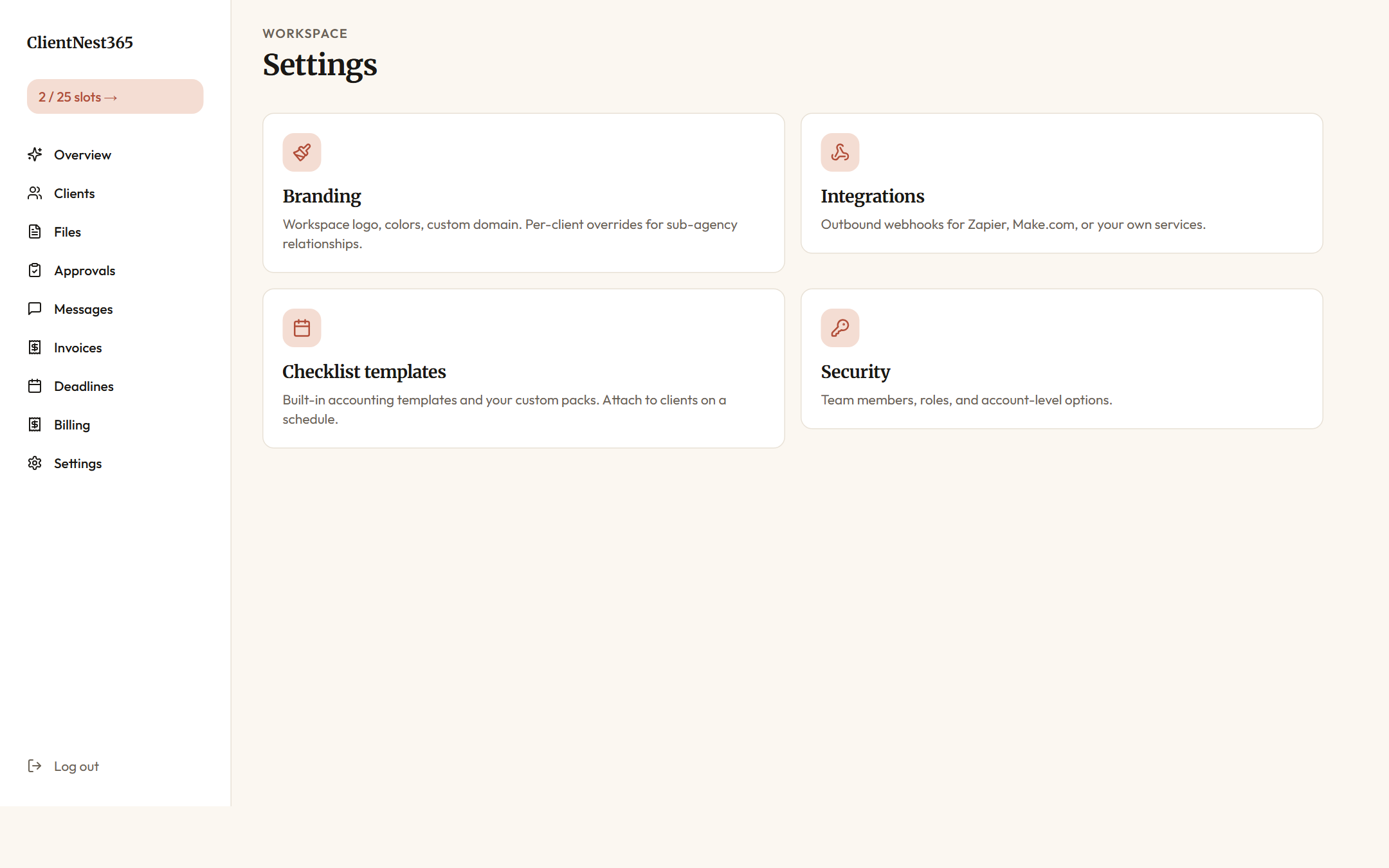Workspace settings page with branding section, custom domain field, webhook endpoints, and team member list with roles