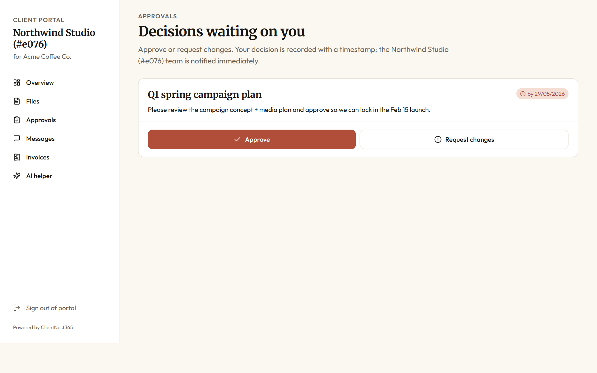 Client portal approvals view: the client sees the pending decisions they need to act on, each with a status badge, due date, and the matter context