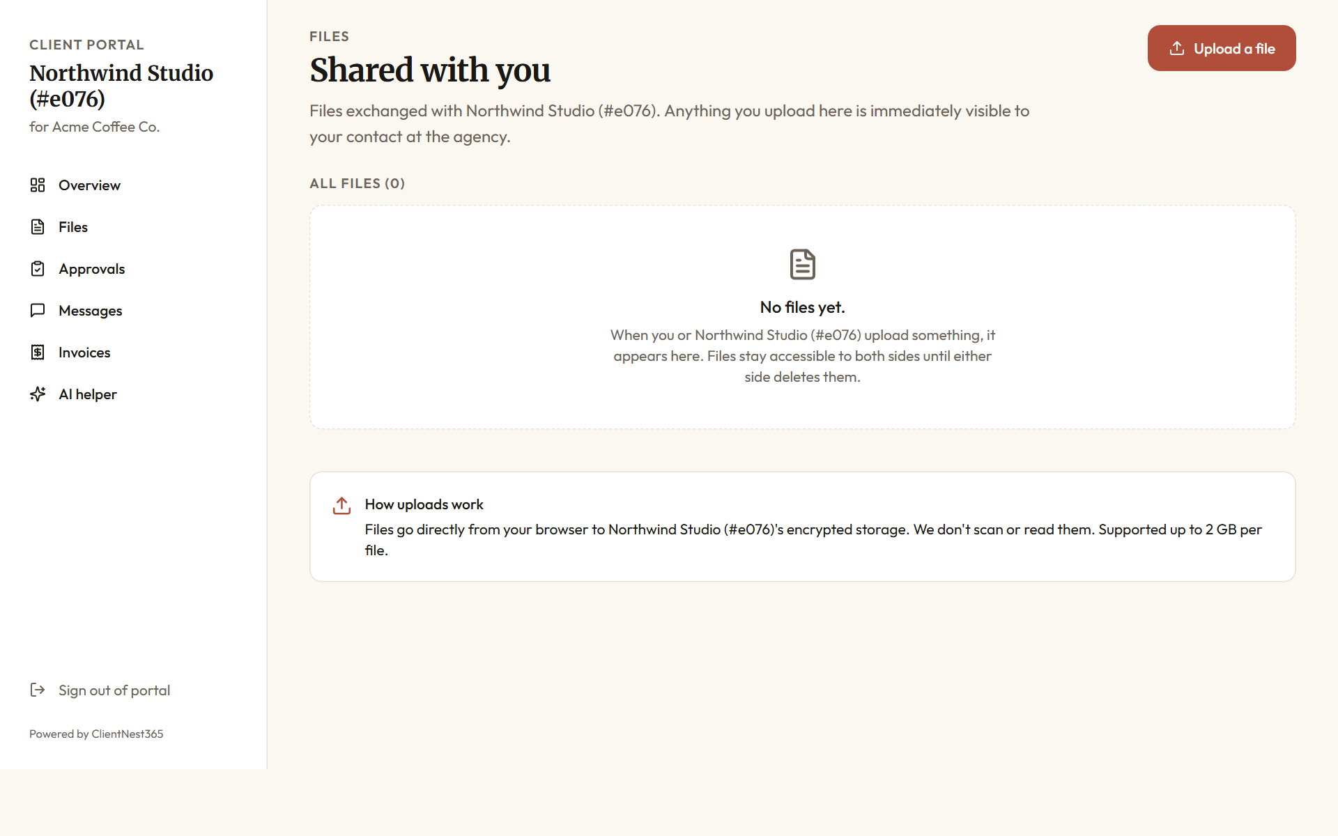 Client portal files view with uploaded documents, each showing size, upload date, and a download button