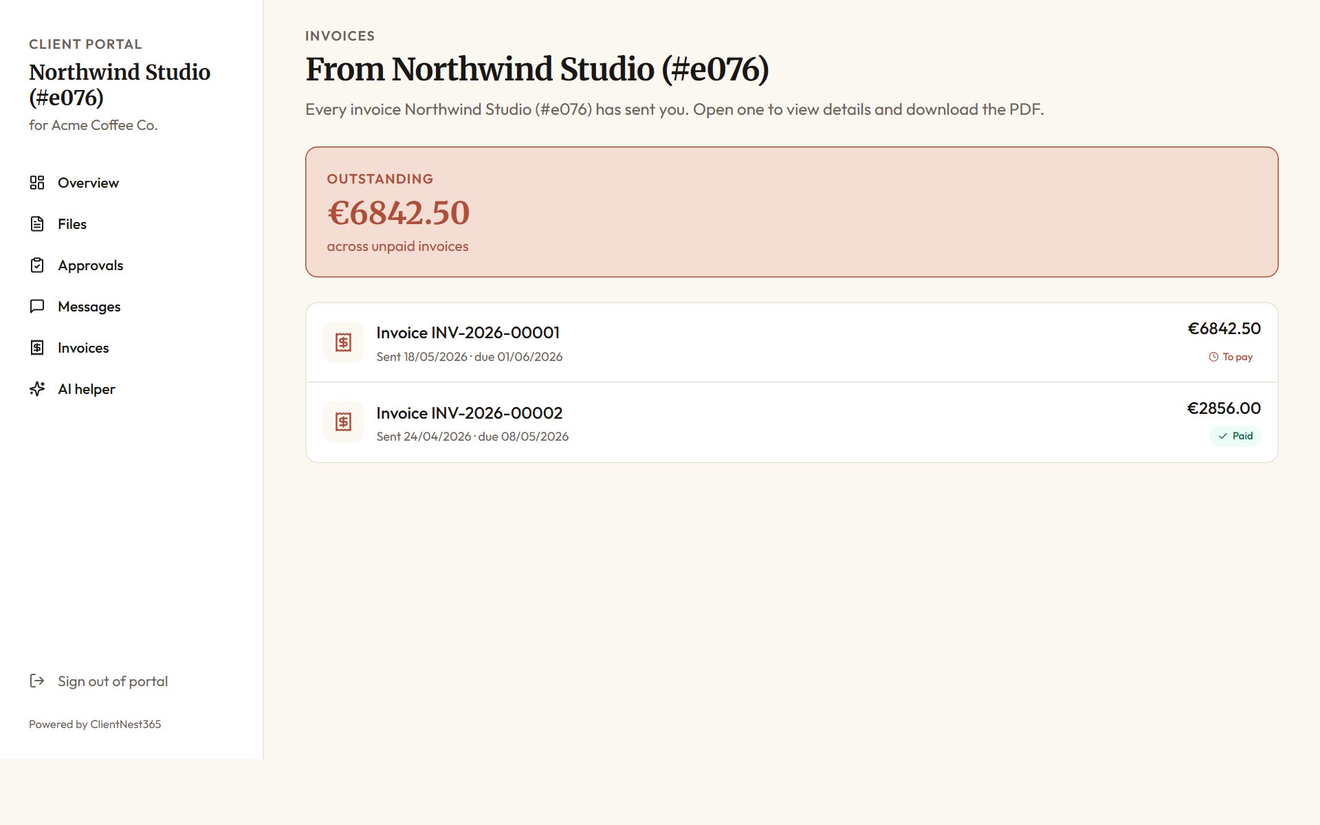 Client portal invoices view: the client sees one outstanding invoice with status "Sent" and one previously paid invoice, with a Pay invoice button on the outstanding one