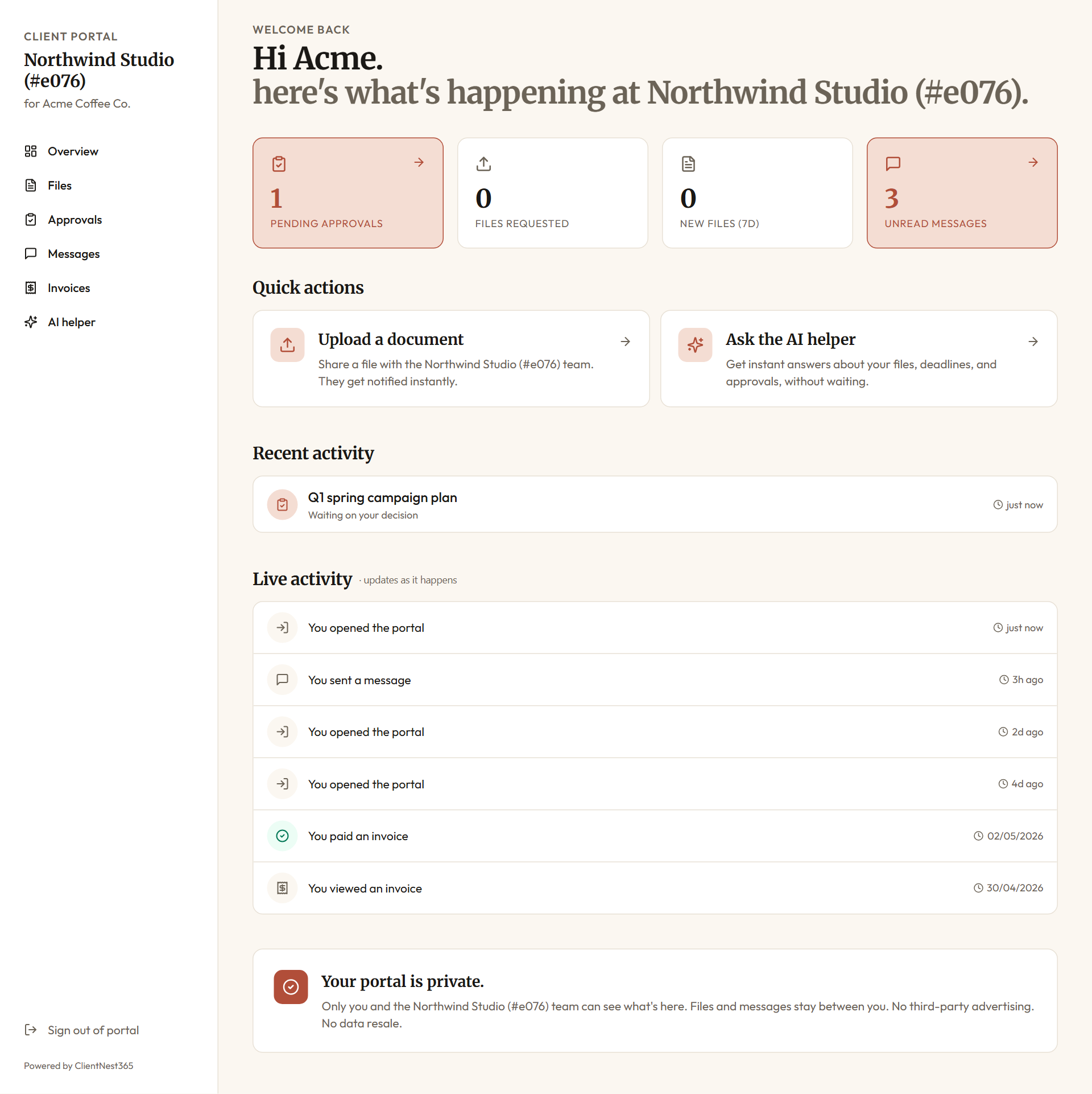 Client portal overview as the client sees it: welcome panel, four stat cards (pending approvals, files requested, new files, unread messages), quick actions to upload a document and ask the AI helper, recent activity, and a private-portal reassurance card